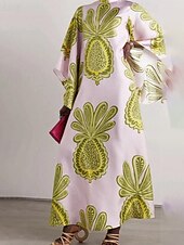 billige Boho-kjoler-Dame Lang kjole Maxikjole Swingkjole Print kjole Klassisk Moderne utendørs Ut på byen Normal Blomsternål i krystall Langermet V-hals Svart Hvit Rosa Mørkeblå Høst
