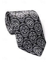 economico Cravatte e papillon da uomo-Cravatta nera in raso con stampa teschio gotico da uomo – accessorio retrò per feste di Halloween per outfit ispirati al punk e al vintage