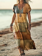 abordables Robes fleuries décontractées-Femmes Robe Longue Maxi Robe Robe Décontractée Robe d&#039;été Mode Extérieur Soirée Fête Coupe régulière Fleur Manche Courte Col en V Jaune Bleu Violet Marron Été