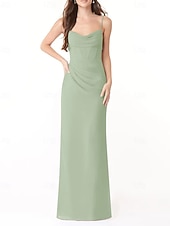 baratos Vestidos para Madrinhas-Vestido de dama de honra em corte A, decote em V / alças finas, sem mangas, elegante, longo, charmeuse com fenda frontal / franzido 2025