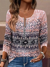 economico T-shirt Boho-Per donna Maglietta Ombre Gradiente di Colore Elegante Moderno Casual Manica Lunga Scollo a V Top Regolari Quotidiano Weekend Cerniera Stampato Rosa Blu Estate Primavera