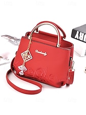 cheap Handbag &amp; Totes-Women&#039;s Embroidered Rose Tote Bag with Gold Top Handle and Shoulder Strap - Elegant Faux Leather Crossbody Bag for Commuter, Leisure and Weekend Outings