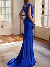 baratos AZUL-Vestido de noite elegante, verde e azul, coluna, formal, para convidados de casamento, longo, sem mangas, gola redonda, crepe elástico destacável, com penas e franzido, 2025