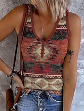 levne Boho tílko-Dámské Tílko do košilky Grafika Geometrický Vinobraní stylové Západní Bez rukávů Bez rukávů Do V Crop Tops Denní Tisk Rubínově červená Vodní modrá Hnědá Léto Jaro