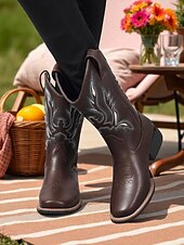 abordables Cowboy et bottes occidentales-bottes de cowboy mi-mollet brodées pour femmes, bottes western en similicuir pour les travaux agricoles, les célébrations des récoltes et les événements rustiques en plein air