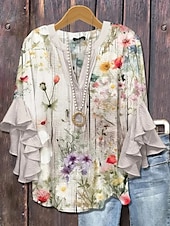 ieftine Topuri florale-Pentru femei Bluză Floral Grafic Elegant Boemia Έθνικ Lungime Manșon 3/4 În V Topuri obișnuite Zilnic Concediu Îmbrăcăminte de vacanță Bufantă Imprimeu Roz Îmbujorat Roșu-aprins Albastru piscin