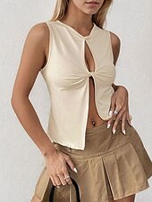 billige Vest-Dame Bluse عادي Moderne Fritid Ermeløs Crew-hals Vanlige topper Daglig Ferie Utskjæring Aprikos Sommer