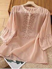 billige Skjorter-Dame Skjorter i bomullslin Helfarge Grunnleggende Fritid 3/4 ermer Crew-hals Vanlige topper Daglig Broderi Knapper Rosa Blå Aprikos Sommer