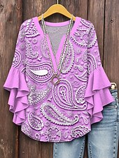 billige Kvinne Boho Topper-Dame Bluse Grafisk Paisly Daglig Stilfull Fritid 3/4 ermer V-hals Vanlige topper Daglig Ferie Ferieklær Trykt mønster Blå Lilla Grønn Kakifarget Sommer Vår
