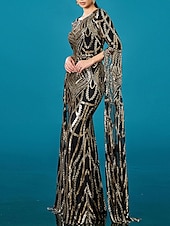 abordables Robes de bal-Robe de soirée en forme de sirène/trumpet élégante mariage longue à partir du sol à manches longues col rond en satin sequins avec fente