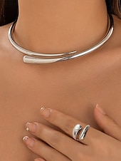 economico Collana da donna-Set di collana, bracciale e anello in argento e oro da donna, gioielli dal design semplice e aperto per donne alla moda, adatti per feste, ufficio e look quotidiani eleganti.