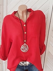 cheap Shirts-Women&#039;s Cotton Linen Shirts Solid Color Elegant Daily Basic Long Sleeve Crew Neck Long Tops Daily Holiday Going out Buttons White Pink Red Blue khaki Summer Fall