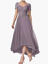 levne Délka podlahy-A-line šaty pro matku nevěsty elegantní V výstřih asymetrický chiffon krátký rukáv s jednobarevným provedením