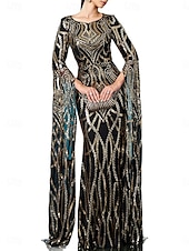 abordables Robes de bal-Robe de soirée en forme de sirène/trumpet élégante mariage longue à partir du sol à manches longues col rond en satin sequins avec fente