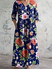 ieftine Rochii florale-Pentru femei Rochii Midi Rochie A line Casual În aer liber Ieșire Potrivire Largă Floral Grafic Lungime Manșon 3/4 În V Negru Roz Îmbujorat Albastru piscină Portocaliu Vară Primăvară Toamnă