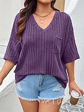 cheap Plus Size T Shirts-Women&#039;s Plus Size Tops T Shirt Solid Color Pocket Short Sleeve V Neck Casual Daily Polyester Summer Spring Black Wine