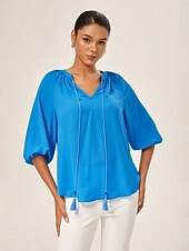 abordables Blouses &amp; Shirts-Blue Chiffon Ruched Vacation Top