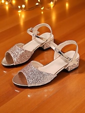 abordables Fiesta Nocturna-Sandalias de tacón cuadrado con purpurina en oro rosa para mujer: zapatos de fiesta brillantes con punta abierta y correa en el tobillo para eventos nocturnos y clubes.