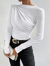 preiswerte Einfarbiges T-Shirt-Damen Bluse Einfarbig Elegant Stilvoll Basic Langarm Rundhalsausschnitt Normale Oberteile Täglich Gerafft Schwarz Weiß Braun Hellgrau Aprikose Sommer Frühling