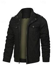 cheap Cargo Jackets-Men&#039;s Trucker Jacket Cargo Jacket Casual Jacket Vacation Daily Pocket Spring Fall Plain Fashion Classic Stand Collar Regular Black Khaki Army Green Jacket