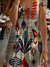 ieftine Rochii boho-Pentru femei Rochie Mini Rochii Tricou Rochie de Vară Rochie de vară Vacanță Casual Boho Zilnic Concediu Ieșire Fit regulat Grafic Geometric Fluture Manșon scurt În V Galben Roșu-aprins Albastru