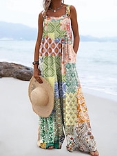 abordables combinaison de vacances-Femmes Combinaison Actif Fleuri Sans manches Jambe large Vacances Rue Coupe Ample Jaune Rose Claire Rouge Été
