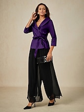 billige Dressy topper-Dame Bluse Kveldstopper Helfarge عادي Elegant metallic Stilfull 3/4 ermer V-hals Vanlige topper Bryllupsgjest Aftenselskap Semi-formelt knyte foran Aubergine Vår, Høst, Vinter, Sommer