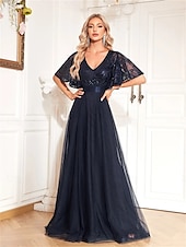 economico BLU-Abiti A-Line Quinceanera Abito Elegante Cerimonia Matrimonio Lunghezza Completa Maniche Corte V Collo Poliestere con Pieghe