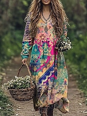 economico Abiti da vacanza-Per donna Abito maxi Abito a trapezio Vacanza Casual Boho Uscire Spiaggia Vestibilità comoda Floreale Grafico Geometrico Manica Lunga Scollo a V Rosa Blu Arancione Verde Primavera Autunno