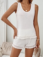 cheap Women&#039;s Blouse Suits-Women&#039;s Daily Shorts Sets Sleeveless U Neck Solid Color Tassel Fringe Casual Daily Weekend White Summer Regular Fit