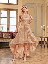 cheap CHAMPAGNE-A-Line Quinceanera Dresses Elegant Dress Formal Wedding Asymmetrical Short Sleeve V Neck Polyester V Back with Sequin