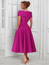 cheap Cocktail Dresses-A-Line Cocktail Dresses Elegant Dress Formal Wedding Tea Length Midi Length Sleeveless Adjustable Cover Buttons Off Shoulder Satin with Pleats