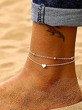 abordables Bracelet pour femme-Bracelet de cheville double couche avec pendentif cœur en or pour femme – bijou délicat pour la plage avec chaîne perlée pour les sorties estivales et les vacances