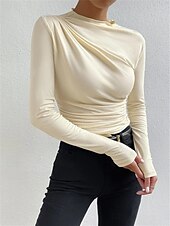 preiswerte Einfarbiges T-Shirt-Damen Bluse Einfarbig Elegant Stilvoll Basic Langarm Rundhalsausschnitt Normale Oberteile Täglich Gerafft Schwarz Weiß Braun Hellgrau Aprikose Sommer Frühling