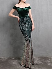 cheap RED-Mermaid / Trumpet Evening Gown Elegant Dress Formal Wedding Floor Length Short Sleeve Off Shoulder Velvet with Beading