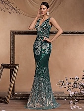 voordelige GROEN-Zeemeermin  Trompet Quinceanera Jurken Elegante Jurk Formele Bruiloft Vloerlange Mouwloos V-hals Sequined Rugloos met Sequins