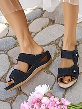 cheap Comfort Sandals-Women’s Arch-Support Wedge Sandals with Floral Cutout and Massage Insole, Comfortable Daily Wear for Shopping, Vacation and Summer Picnics