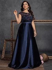 baratos AZUL-A-Line Vestidos Plus Size Elegante Vestido de Curvas Formal Casamento Comprimento do Chão Sem Mangas Decote Redondo Cetim com Plissados 2025