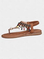 billige Ferietøfler-Damesandaler med bohemsk perlemønster og t-stropper i fargerikt materiale, flate sandaler med string for strandferier, sommerfestivaler og uformelle antrekk.