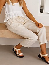 economico Pantaloni a gamba dritta-Per donna Pantaloni in cotone e lino Pantaloni Eleganti Streetwear Casual Lunghezza intera Naturale Semplice Tasca Design con Coulisse Elastica Comodo All&#039;aperto Confortevole Ferie Abbigliamento