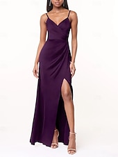 cheap Bridesmaid Dresses-A-Line Bridesmaid Dress V Neck / Spaghetti Strap Sleeveless Elegant Floor Length Charmeuse with Split Front / Ruching