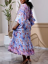preiswerte Ausgefallene Kleider-Damen Langes Kleid Maxikleid Freizeitkleid Schwingkleid Boho-Kleid Westernkleid Elegant Mode Romantisch Outdoor Urlaub Party Normale Passform Blume Langarm V Ausschnitt Blau Frühling Herbst