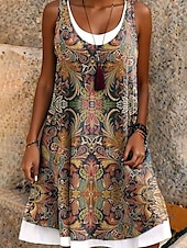 preiswerte Boho Kleider-Damen Minikleid T-Shirt-Kleid Sommerkleid A Linie Kleid Urlaub Lässig Boho Täglich Lässiger Schnitt Blumen Grafik Paisley-Muster Ärmellos U-Ausschnitt Orange Grün Sommer Frühling