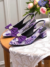abordables Années 1950-Escarpins à bride arrière fleuris pour femmes avec nœud en perles – talons carrés à bout pointu colorés pour le thé de l&#039;après-midi, les mariages dans le jardin et les tenues d&#039;inspiration vintage des années 1950