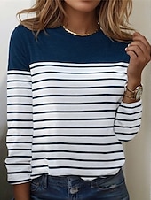 ieftine Tricou cu dungi și geometric-Pentru femei Tricou Dungi De Bază Manșon Lung Rotund Topuri obișnuite Zilnic Sfârșit de săptămână Imprimeu Negru Alb Roșu-aprins Albastru piscină Gri Toamna iarna