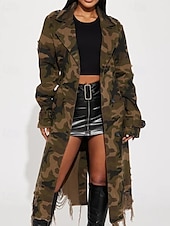 preiswerte Trenchcoats-Damen Trenchcoat Bequem Knöpfe Tasche Modern Streetstyle Tarnung Outdoor Ausgehen Einreihig Lang Umlegekragen Normale Passform Langarm Oberbekleidung Hellgrün Dunkelgrün Herbst Winter