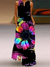 ieftine Rochii florale-Pentru femei Rochie Maxi Rochie de Vară Rochie A line Rochie de vară Vacanță Casual Boho Concediu Potrivire Largă Ombre Floral Grafic Fără manșon În V Gât crestat Negru și Alb Galben Deschis Magenta