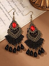 abordables Boucle d&amp;#39;oreille pour femme-Boucles d&#039;oreilles pendantes gothiques vintage en alliage pour femmes avec pierre noire et perles rouges, bijoux fantaisie pour fête d&#039;Halloween pour style punk rétro