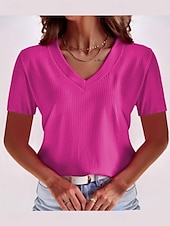 abordables T-shirt uni-Femmes T-shirt Couleur Unie Mode Élégant Classique Manche Courte Col en V Hauts Réguliers Quotidien Week-end Noir Vin Rouge Bleu Fuchsia Été