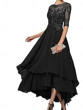 abordables Longueur du thé-Ligne A Robe de Mère de Mariée  Élégant Simple Col Bateau Asymétrique Polyester Demi Manches avec Couleur Unie 2025